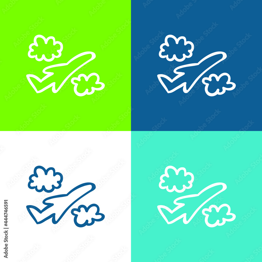 Airplane Hand Drawn Flight Between Clouds Flat four color minimal icon set Airplane Hand Drawn Flight Between Clouds Flat four color minimal icon set