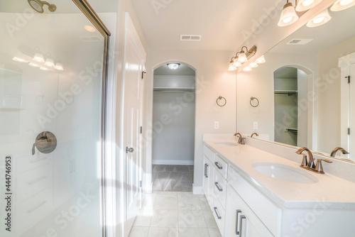 Interior of a white bathroom with shower with glass wall  sink and empty closet