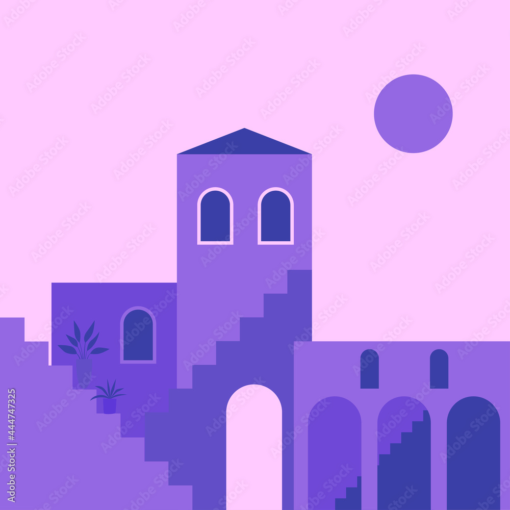 Old city minimalist boho art. Boho summer old city with stairs pattern for design tourism agency flyer, t shirt print.
