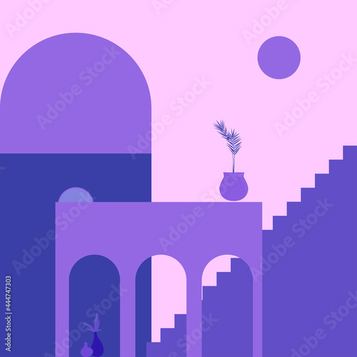 Old city minimalist boho art. Boho summer old city with stairs pattern for design tourism agency flyer, t shirt print.