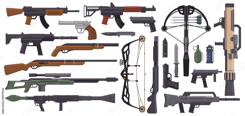 Weapons guns. Military weapons, gun pistol, crossbow, knives, grenade and  machine gun, automatic firearm supplies vector illustration set. Army weapon  elements Stock Vector