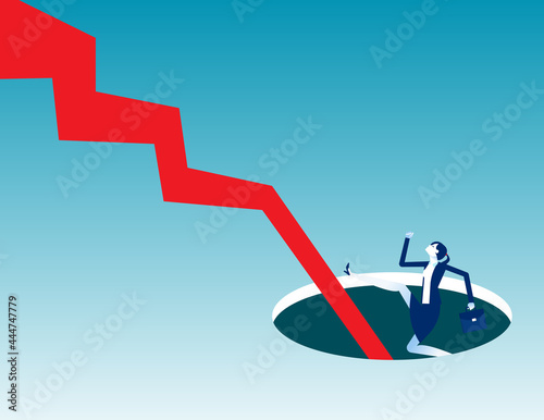 A businesswoman escape out the hole. Escape from the crisis