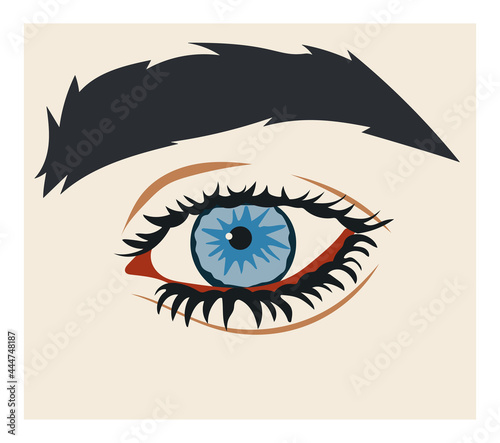 A beautiful blue female eye with long and thick eyelashes and thick eyebrows. Vector illustration. Isolated.