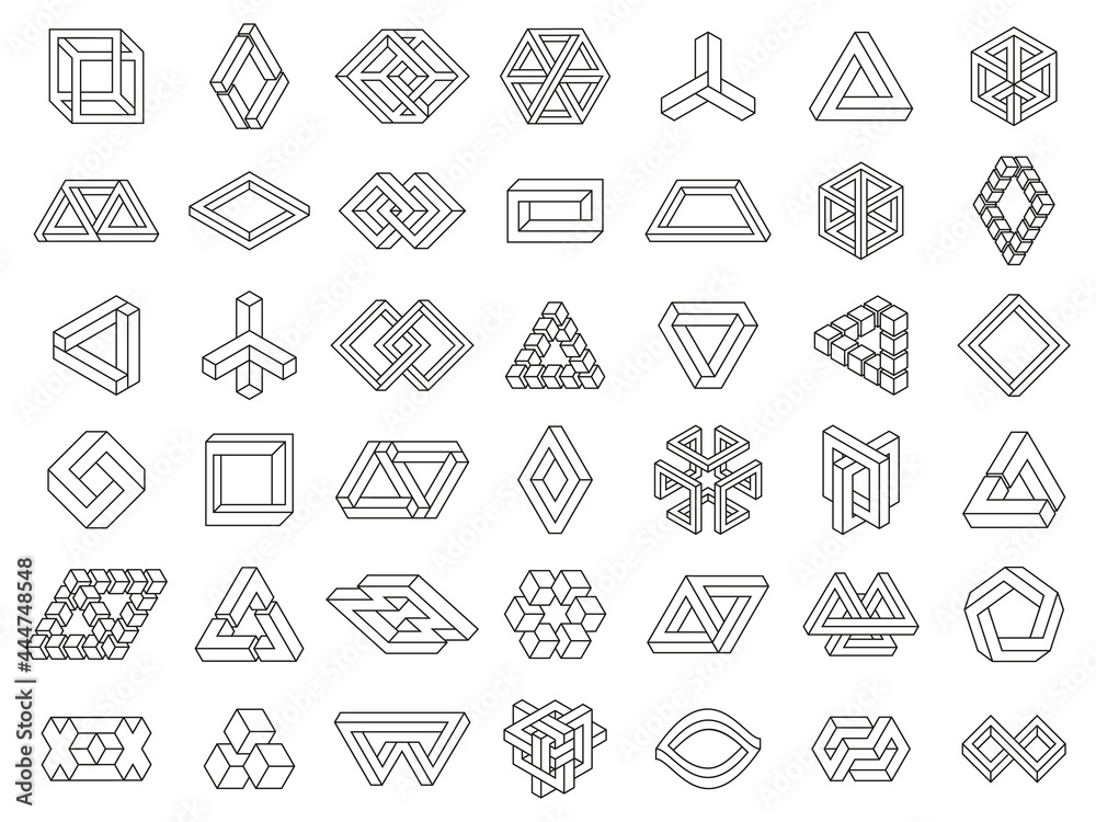 Impossible geometric shapes. Paradox geometry line figures, unexpanded, impossible geometry vector symbols set. Optical illusion geometric symbols vector de Stock | Adobe Stock