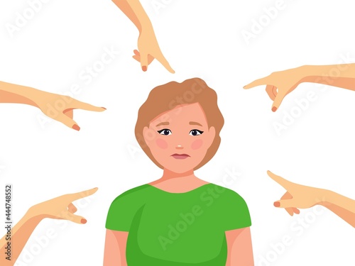 A Sad Girl Who Feels Insecure, Being Shamed By Society. Vector illustration in cartoon style.