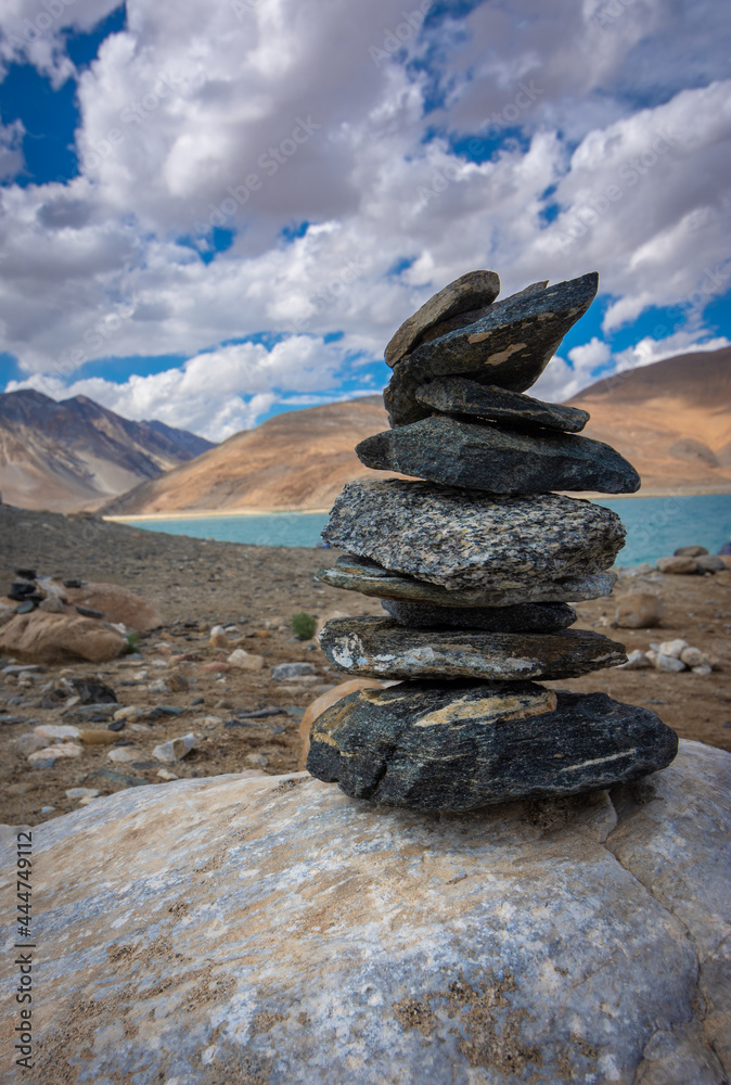 Stacked stones (Zen Stones) near Pangong Tso, Ladakh Stacked stones (Zen Stones) near Pangong Tso, Ladakh