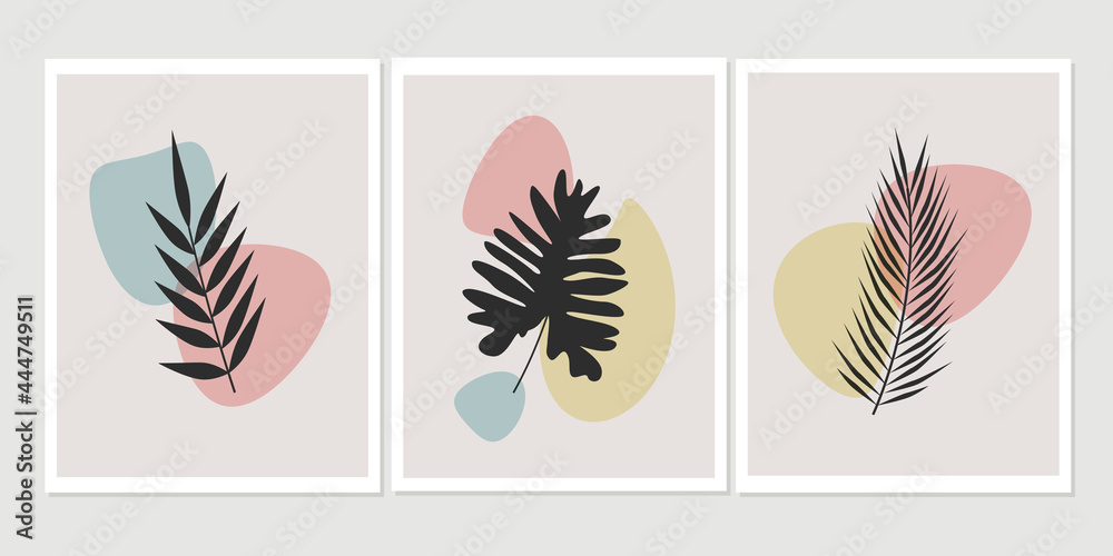 Set of minimalistic posters with leaves and abstract spots on the background. Abstract composition with leaves in a modern style and bed colors. Can be used for wall and home decoration, covers and co