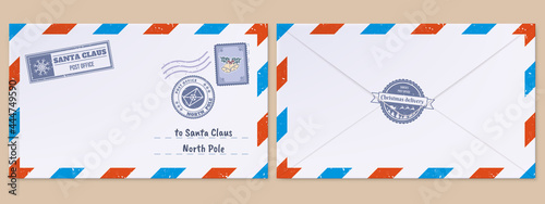 Christmas Santa Claus letter. Xmas holidays wish list letter, mailing envelope with postmarks and stamps vector illustration set. Santa Claus post office mail