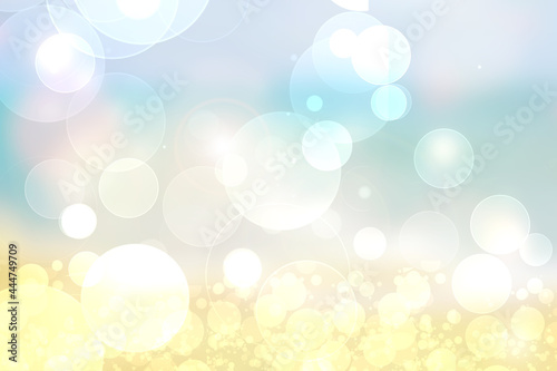 Abstract blurred vivid spring summer light delicate pastel yellow pink blue bokeh background texture with bright soft color circles and bokeh lights. Card concept. Beautiful backdrop illustration.