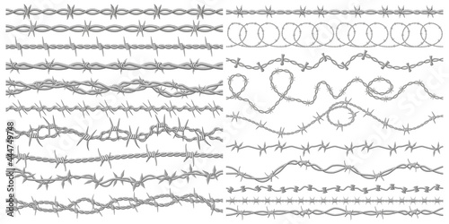 Barbed wire. Razor metallic fencing wire, industrial or prison wire seamless borders vector illustration set. Barb wire protection fencing