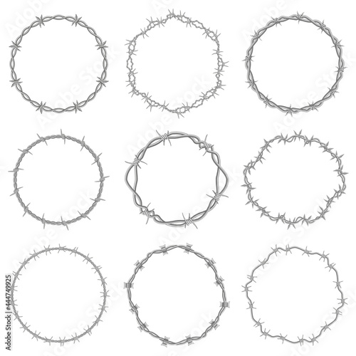 Barbed wire frames. Round prison wire symbols, circle steel razor wire frames vector illustration set. Secured razor wire elements
