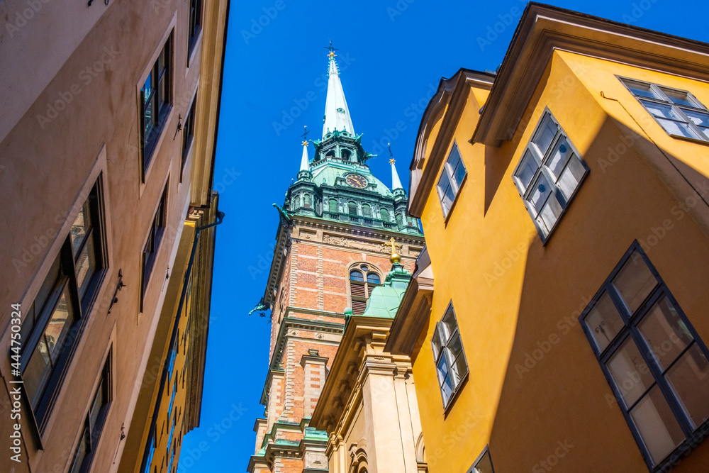 Stockholm, Sweden - July 2 2021: Tyska Kyrkan - Historic German Church in the city centre of Stockholm, Sweden. Gamla Stan, popular tourist destination in Scandinavia.