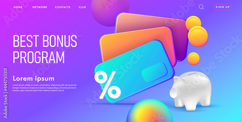 Web banner with 3d illustration of bank credit cards with saving pig and coins, modern plastic render graphic, online banking landing page