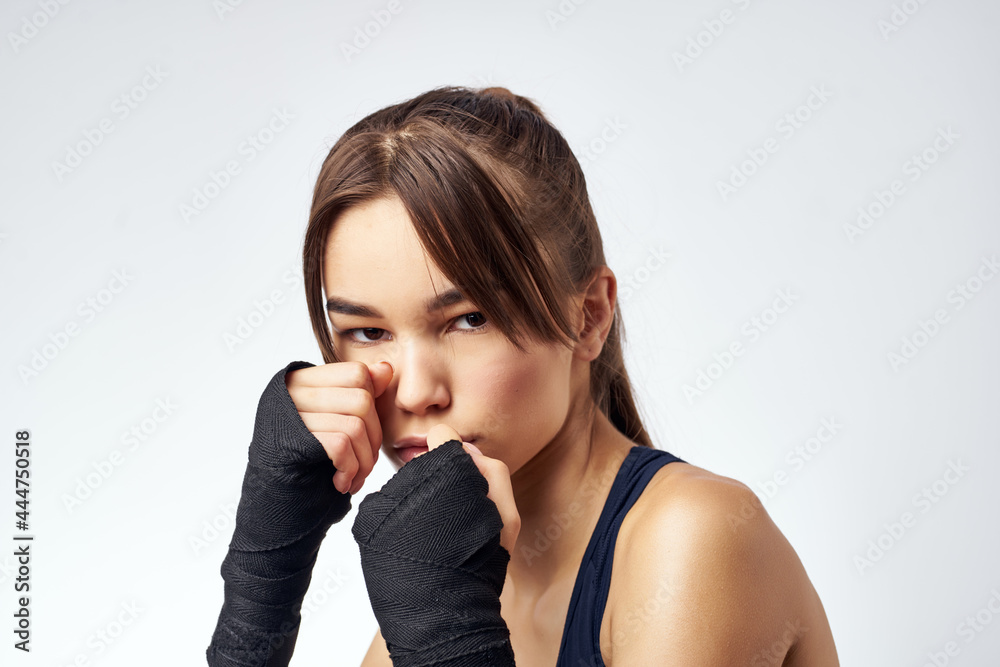 sportive woman with bandaged hands boxing exercise workout sportive woman with bandaged hands boxing exercise workout