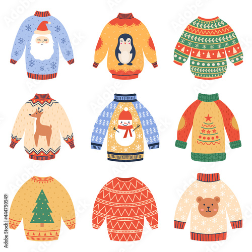Winter holidays jumpers. Cute xmas woollen sweaters, cozy Christmas winter garments vector illustration set. Christmas warm sweaters