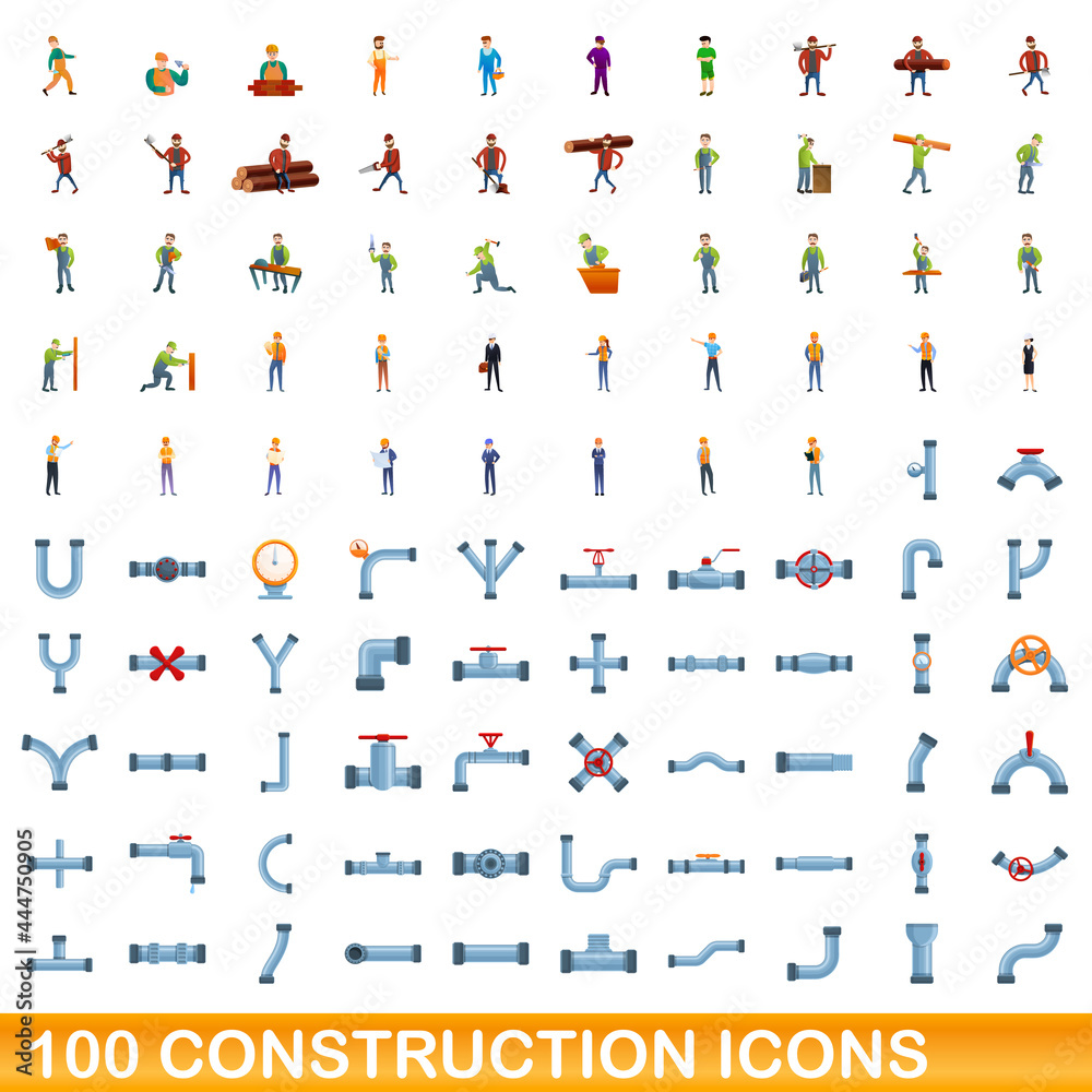 100 construction icons set. Cartoon illustration of 100 construction icons vector set isolated on white background 100 construction icons set. Cartoon illustration of 100 construction icons vector set isolated on white background