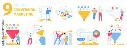 Conversion marketing illustration set. Attracting new customers, client buying products online. Increasing sales