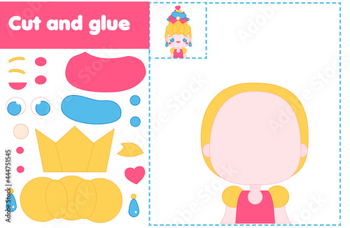 Cut and paste children educational game. Paper cutting activity. Make a princess with glue and scissors. DIY worksheet