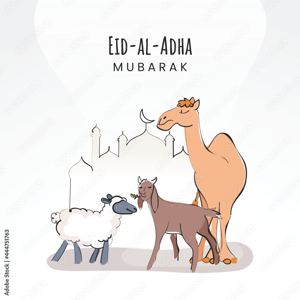 Islamic festival of sacrifice, Eid-Ul-Adha Mubarak background with camel, sheep, goat outside of mosque. - obrazy, fototapety, plakaty 