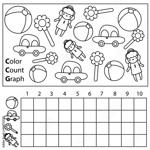 Color, count and graph. Educational children game with toys. Printable worksheet for kids and toddlers