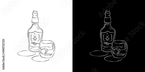 Bottle and glass whiskey together in hand drawn style. Two kinds beverage outline images. Restaurant illustration for celebration design. Retro sketch. Line art. Isolated on white background