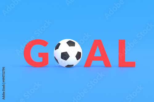 Word goal with soccer ball on blue background. Games for leisure. Fair play. Football development. 3d render