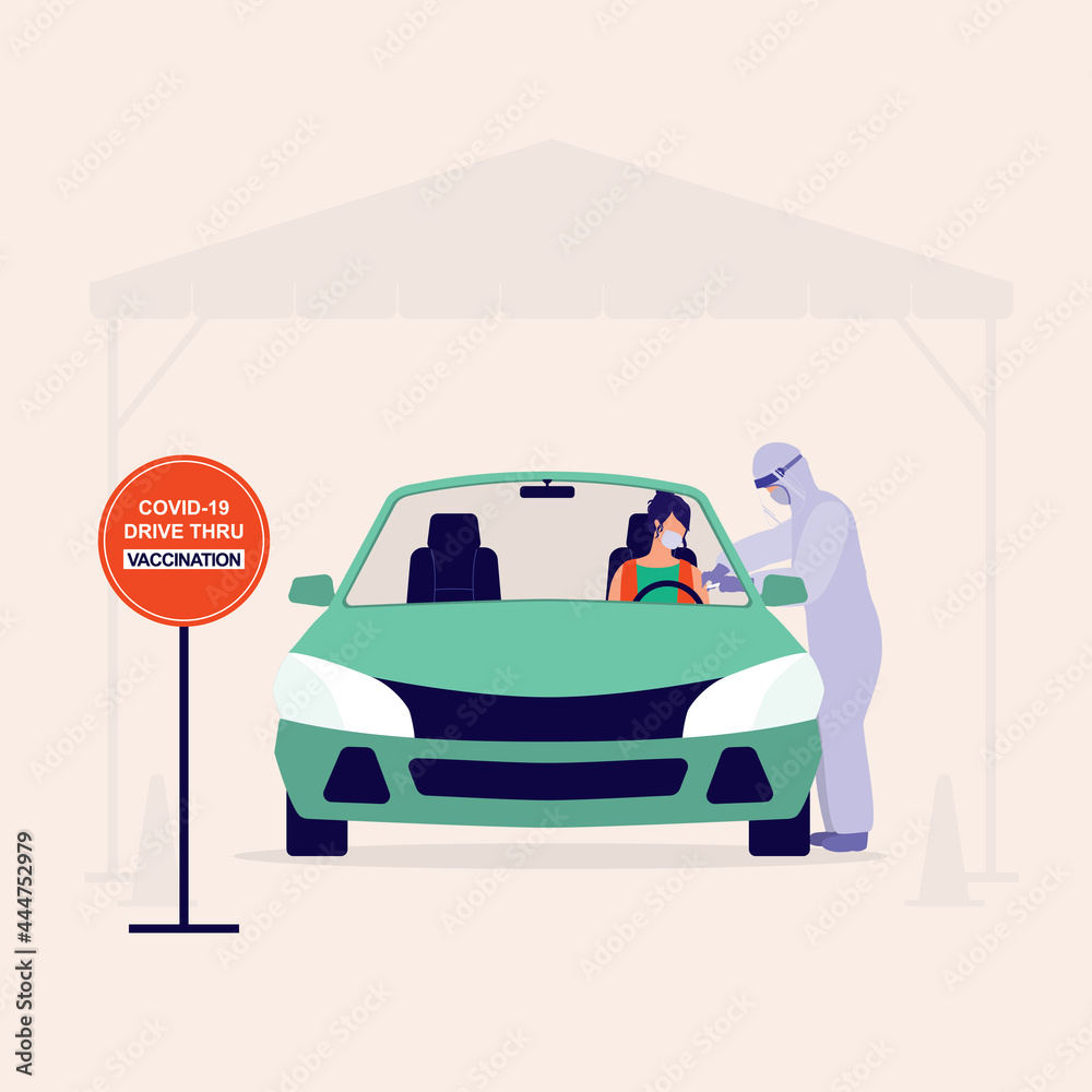 Frontline Worker In Protection Suit Injecting COVID-19 Vaccine Into Woman Upper Arm At The Drive-Thru Vaccination Center. Coronavirus Immunization. Flat Design, Character. - obrazy, fototapety, plakaty 