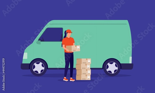 Young Delivery Woman In Uniform With Polo Shirt And Cap Unloading Courier Boxes Out From The Van. Delivery And Logistic Services.