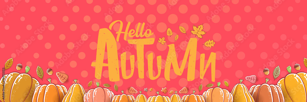 vector hello autumn horizontal banner or label with text and falling autumn leaves on pink horizontal background. Cartoon hello autumn poster, flyer or banner vector hello autumn horizontal banner or label with text and falling autumn leaves on pink horizontal background. Cartoon hello autumn poster, flyer or banner