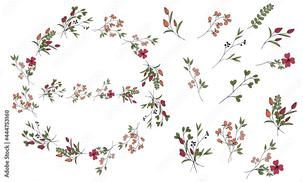 Decorative wreath of flowers and plants in doodle style. Pattern brush.Elements of circle.Hand drawing. Isolated object on a white background.