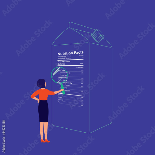 Cautious Young Woman Checking Nutrition Facts Label On Packaged Drinks With Magnifying Glass. Healthy Lifestyle.