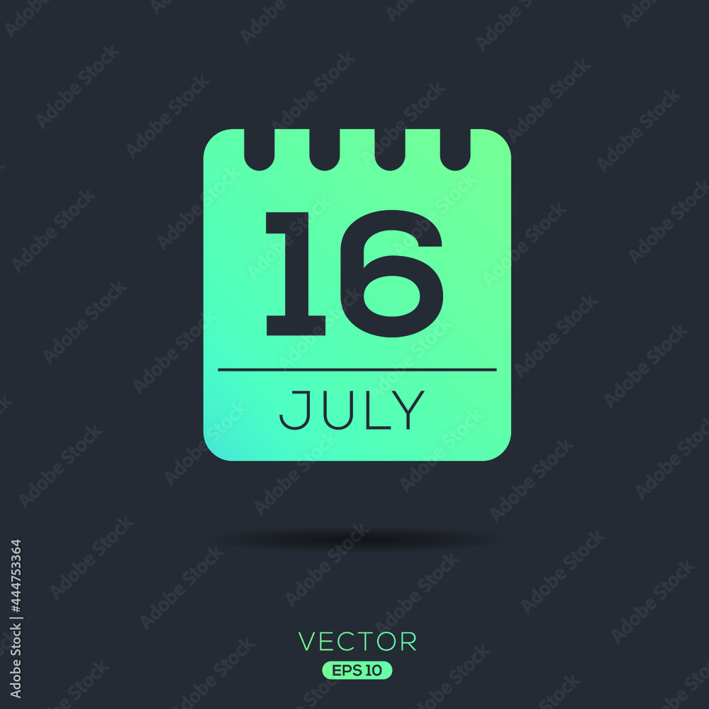 Creative calendar page with single day (16 July), Vector illustration.