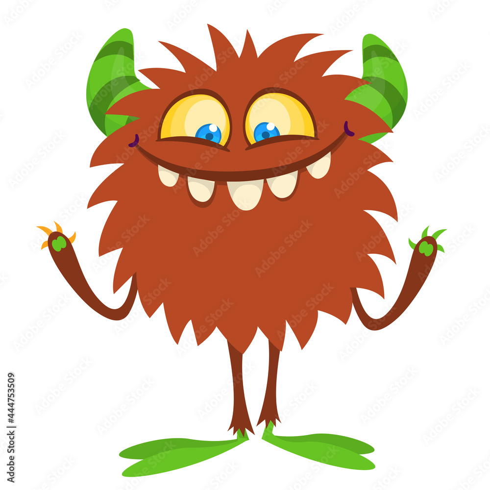 Funny cartoon furry monster character. Illustration of cute and happy mythical alien