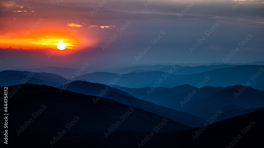 Sunset from the Polonina Runa (Rivna). The Carpathian Mountains. Ukraine.
