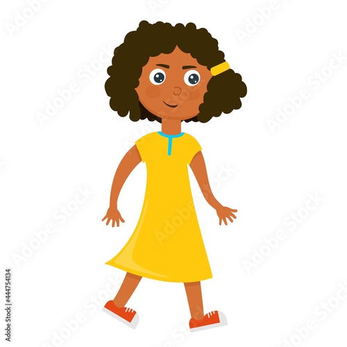 A cheerful girl is a dark-skinned child in a yellow dress in a cartoon style.
