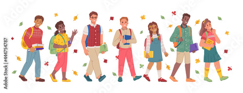 Children and teenagers with books walking to school, pupils and students with supplies and back strolling to lessons. Autumn season with falling leaves and foliage. Flat cartoon character vector