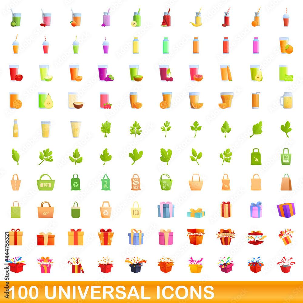 Fototapeta premium 100 universal icons set. Cartoon illustration of 100 universal icons vector set isolated on white background