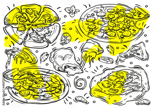 Hand drawn vector line illustrations food with graphic of pizza on the white background. Doodle vintage elements, ingredients, pepperoni, calzone, margherita, chicago