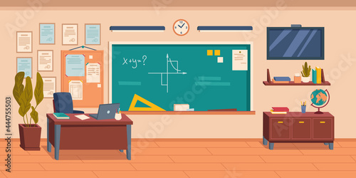 Interior of empty school, college or university classroom or auditorium. Room with blackboard and furniture and equipment for studying. Desk with laptop and wall tv screen. Vector in flat style