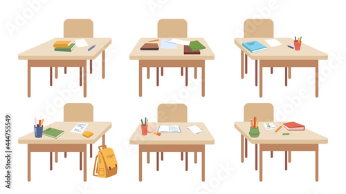 School wooden desks with supplies and equipment for lessons. Isolated set of tables with books and notebooks, crayons and pencils for classes. Obtaining knowledge. Vector in flat cartoon style