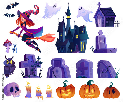 Witch character and flying bats, owl and pumpkins, gravestones and castle, ghost apparition and candles. Skull and mushroom design, set for halloween holiday celebration decoration. Cartoon vector
