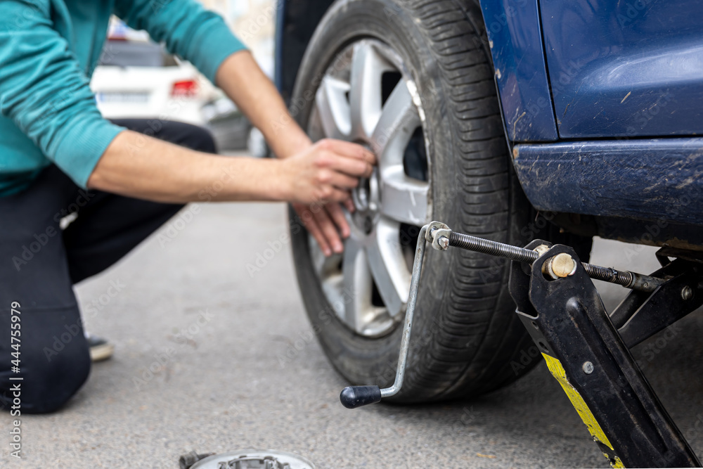 Working process of removing the wheel from the car. Working process of removing the wheel from the car.