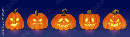 Good and evil glowing halloween pumpkin characters, haunting jack o lanterns with light. Trick or treat, autumn holiday celebration. Seasonal events and fun. Realistic cartoon character vector