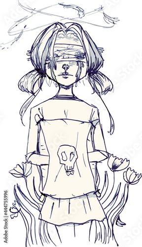 Anime character freehand drawing, cartoon girl blindfolded, animated girl vector. Thinking character, fantasy art girl thinking about something
