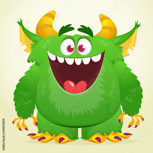 Funny cartoon furry monster character. Illustration of cute and happy mythical alien