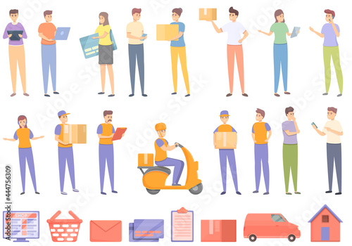 Ordering process icons set cartoon vector. Delivery box. Truck export
