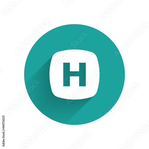 White Hospital signboard icon isolated with long shadow background. Green circle button. Vector