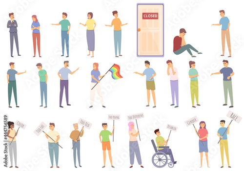 Discrimination icons set cartoon vector. Civil rights. Sexism demonstration