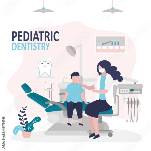 Boy at dentist appointment. Female character examines child teeth for caries, disease. Concept of pediatric dentistry and healthcare