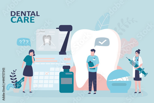 Girl consulted dentists with toothache. Patient at dentist appointment. Various orthodontic instruments